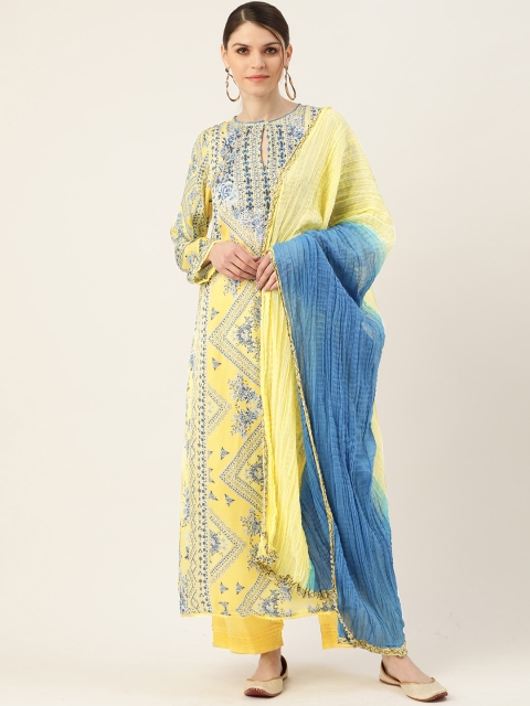 

Ritu Kumar Women Yellow & Blue Printed Kurta with Palazzos & Dupatta