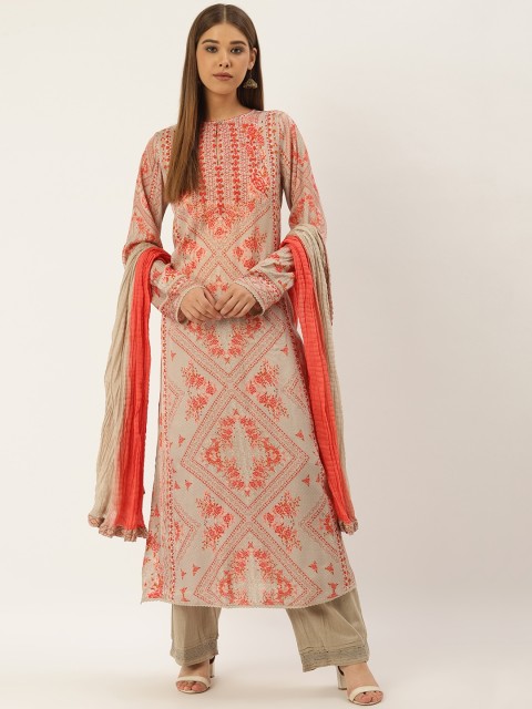 

Ritu Kumar Women Beige & Orange Printed Kurta with Palazzos & Dupatta