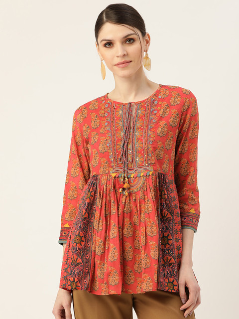 

Ritu Kumar Women Pink & Cream-Coloured Printed A-Line Kurti