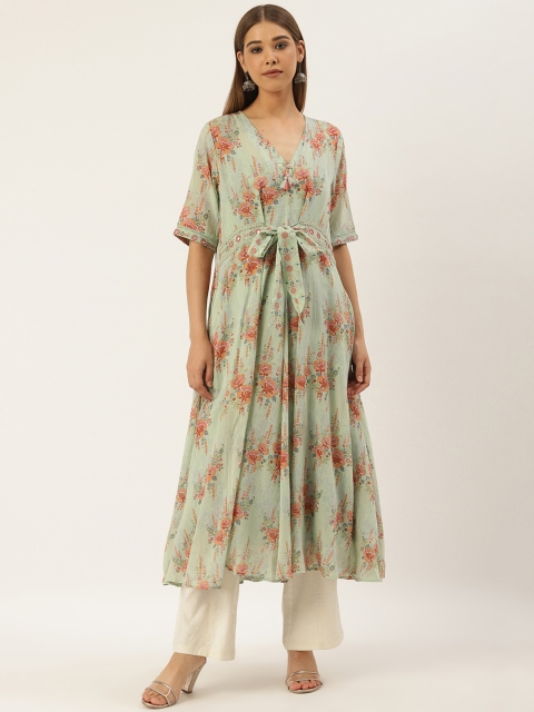 

Ritu Kumar Women Sea Green & Orange Mirror Embroidered Floral Printed Anarkali Kurta