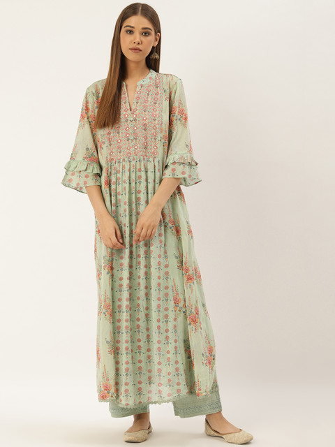 

Ritu Kumar Women Green & Orange Floral Print Kurta with Palazzos