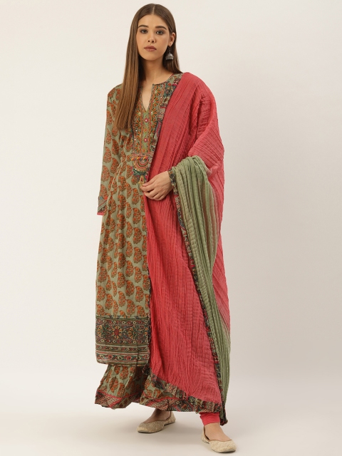 

Ritu Kumar Women Olive Green & Orange Printed Kurta with Leggings & Dupatta