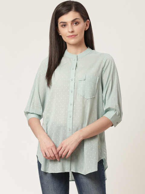 

Ritu Kumar Women Sea Green Regular Fit Semi Sheer Self Design Asymmetric Casual Shirt
