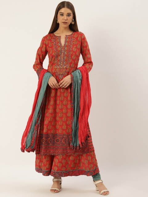 

Ritu Kumar Women Red & Beige Printed Kurta with Leggings & Dupatta
