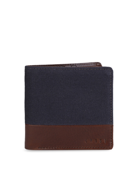 

CRUST Men Brown & Navy Blue Colourblocked Two Fold RFID Protected Leavas Leather Wallet