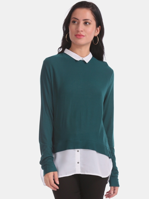 

ELLE Women Teal Green & White Colourblocked Twofer Top