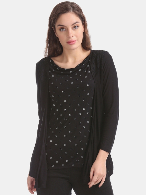 

ELLE Women Black Printed Layered Top With Lace Details
