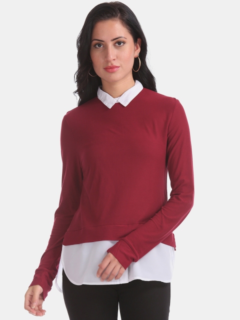 

ELLE Women Maroon & White Colourblocked Twofer Top