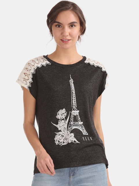 

ELLE Women Charcoal Grey & White Printed Top With Lace Detailing