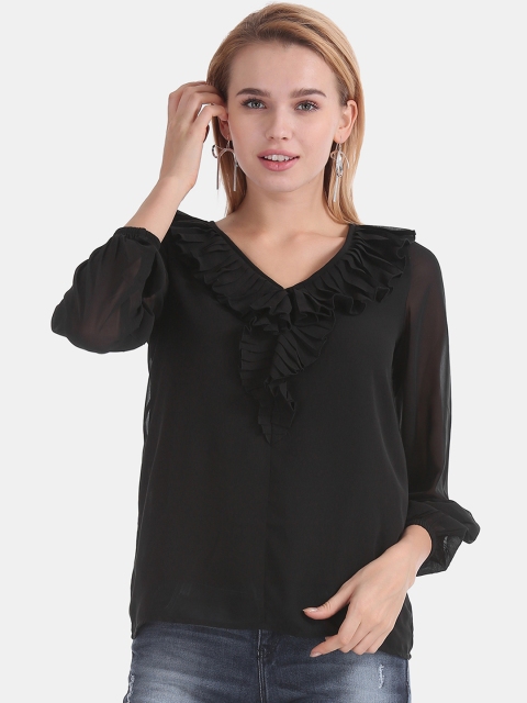 

ELLE Women Black Solid V-Neck Ruffle Trim Top