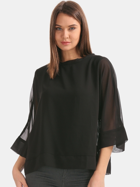 

ELLE Women Black Solid Dolman Sleeve Sheer Top