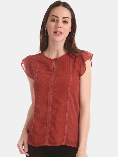 

ELLE Women Rust Brown Self Design Flutter Sleeve Dobby Top