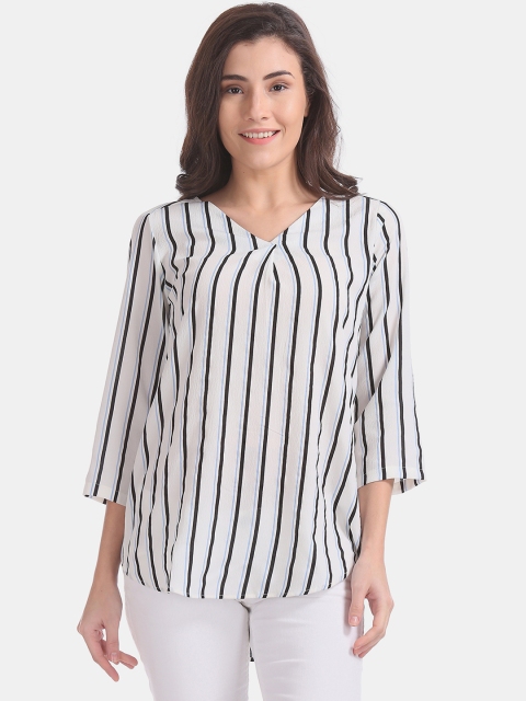 

ELLE Women White & Black Striped High-Low Top