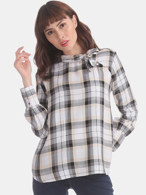 

ELLE Women White & Black Stylized Collar Checked Top
