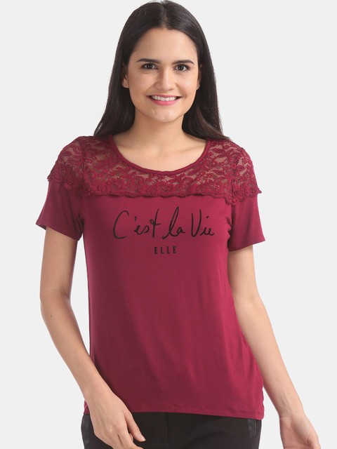 

ELLE Women Maroon Solid Top With Lace Inserts & Printed Detailing