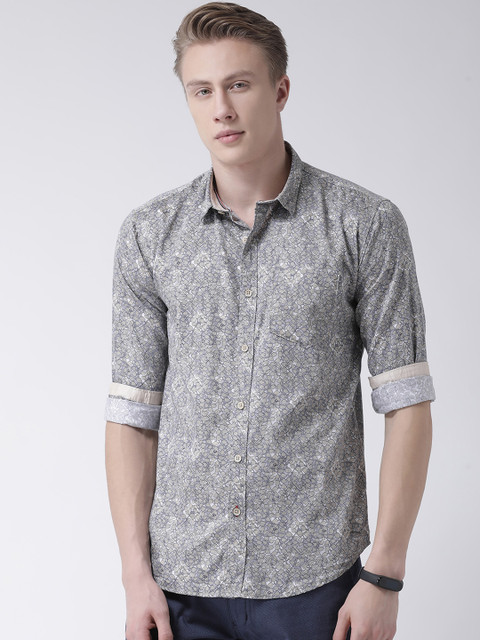 

COBB Men Off-White & Grey Slim Fit Printed Casual Shirt
