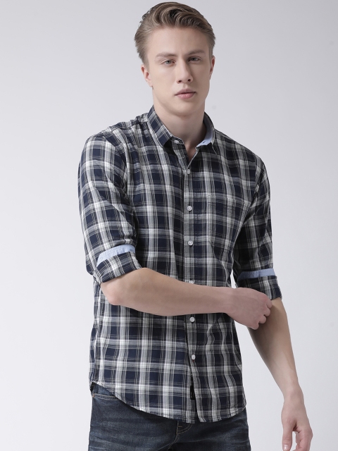 

COBB Men Navy Blue & Grey Slim Fit Checked Casual Shirt