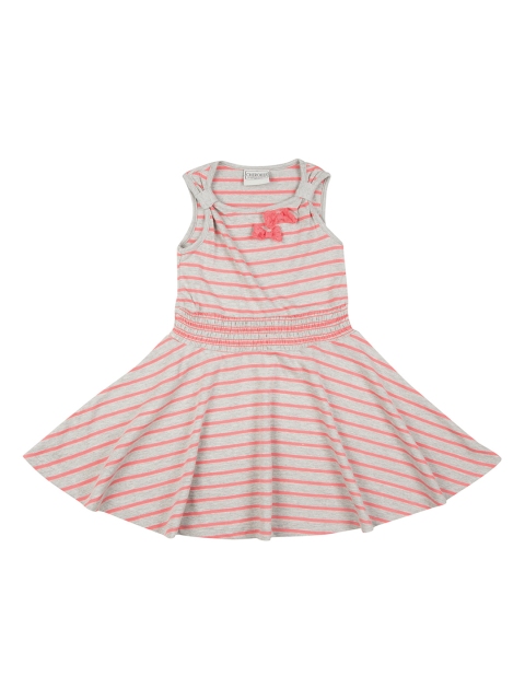 

Cherokee Girls Grey & Coral Pink Smocked Striped Fit and Flare Dress