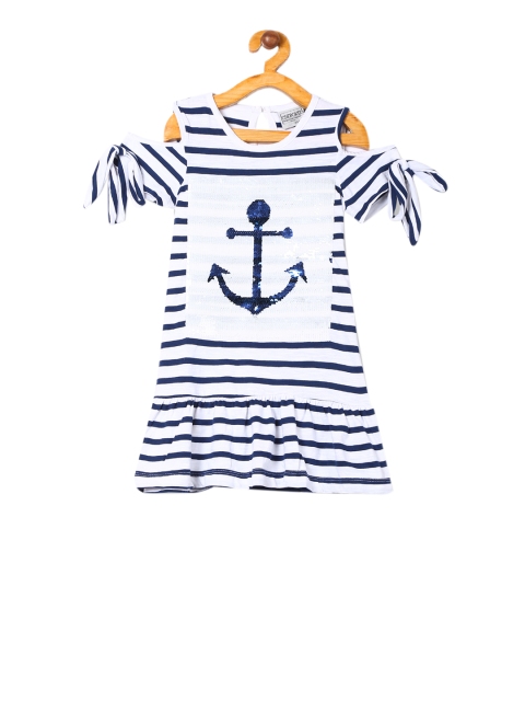

Cherokee Girls White Striped Drop-Waist Cold-Shoulder Dress With Embellishments