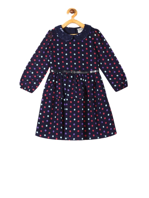 

Cherokee Girls Navy Blue & Red Polka Dot Printed Fit and Flare Dress With Belt