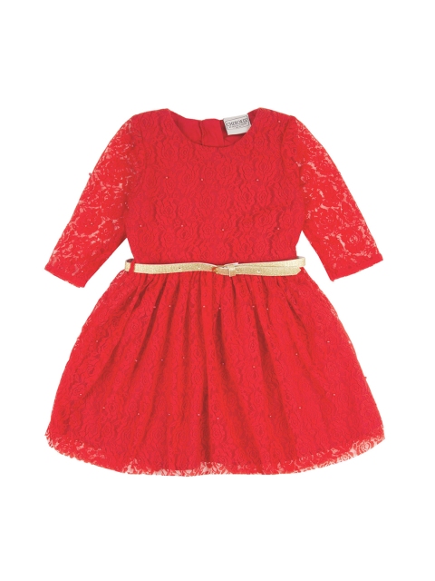 

Cherokee Girls Red Self Design Lace Fit and Flare Dress