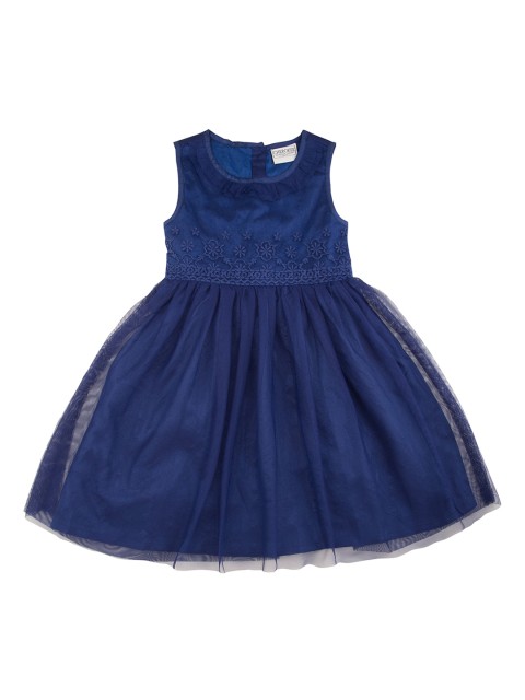 

Cherokee Girls Navy Blue Solid Fit and Flare Net Dress With Embroidered Detailing