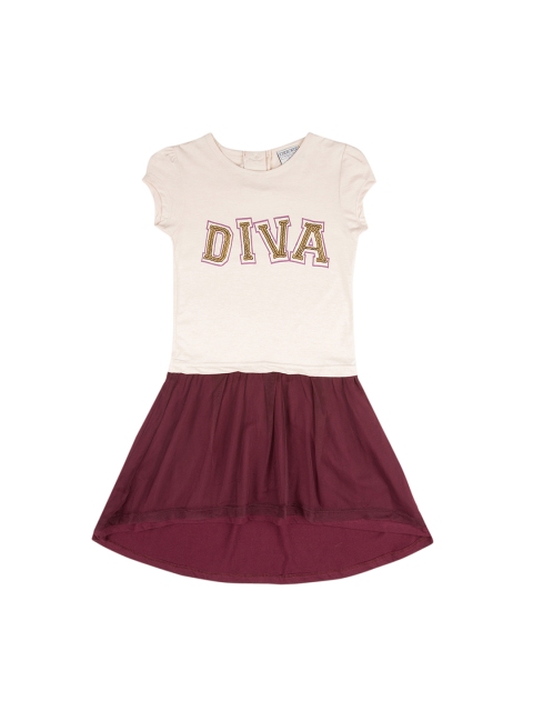 

Cherokee Girls Off White & Maroon Colorblocked Fit and Flare Dress With Embellishments
