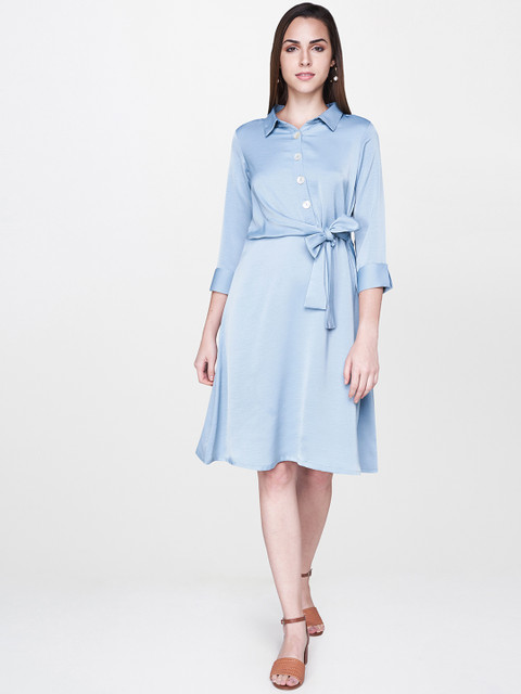 

AND Women Blue Solid Fit and Flare Dress With Tie-Up Detailing