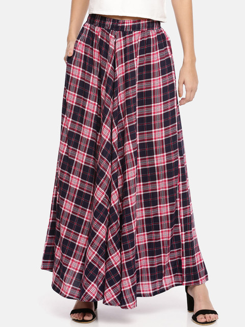 

GOLDSTROMS Women Navy Blue & Red Checked Wide Leg Palazzos