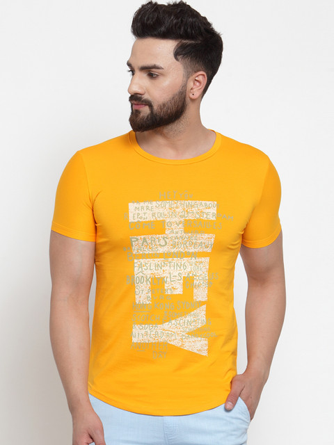 

Global Republic Men Mustard Yellow Printed Slim Fit Round Neck T-shirt
