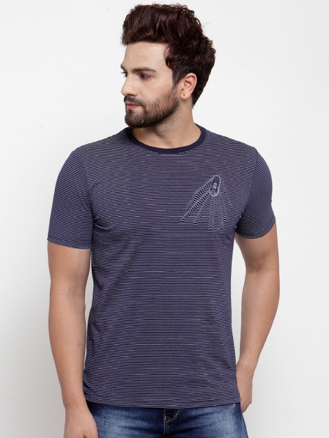 

Global Republic Men Navy Blue Striped Round Neck T-shirt
