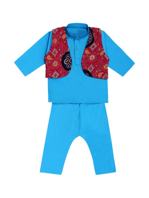 

Superminis Boys Blue & Red Solid Kurta Set With Nehru Jacket
