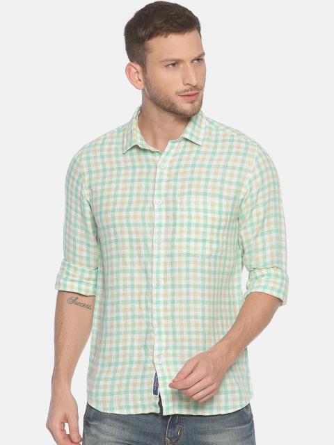 

Linen Club Men White & Green Regular Fit Checked Linen Casual Shirt