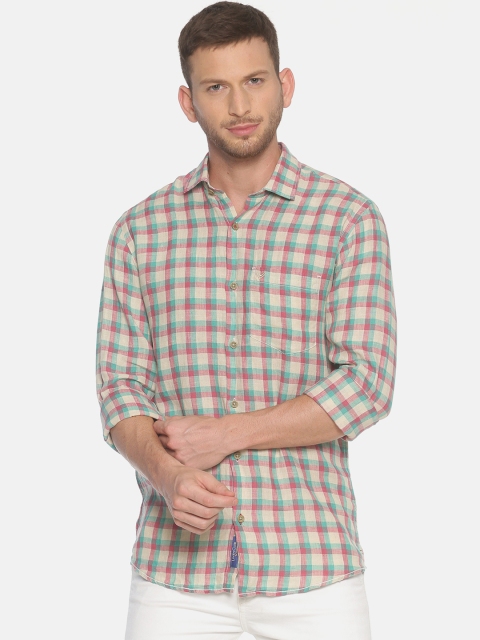 

Linen Club Men Beige & Red Regular Fit Checked Casual Shirt