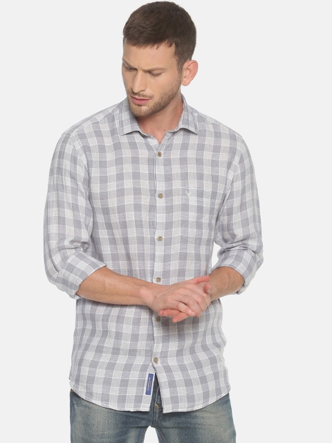 

Linen Club Men Grey & Off-White Regular Fit Checked Linen Casual Shirt