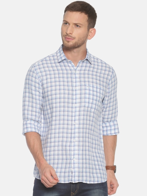 

Linen Club Men White & Blue Regular Fit Checked Linen Casual Shirt