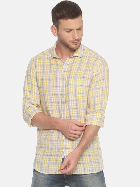 

Linen Club Men Yellow & Blue Regular Fit Checked Linen Casual Shirt