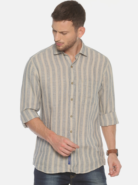 

Linen Club Men Grey & Beige Regular Fit Striped Casual Shirt