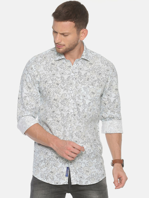 

Linen Club Men Off-White & Navy Blue Regular Fit Printed Casual Shirt