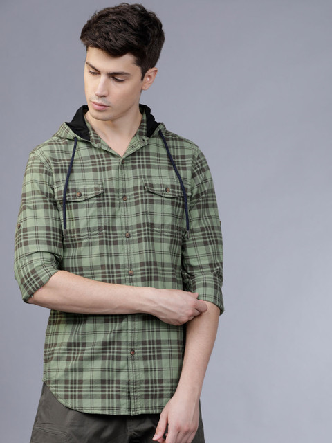 

Ecko Unltd Men Olive Green Slim Fit Checked Hooded Casual Shirt