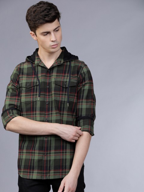 

Ecko Unltd Men Olive Green & Red Slim Fit Checked Casual Shirt
