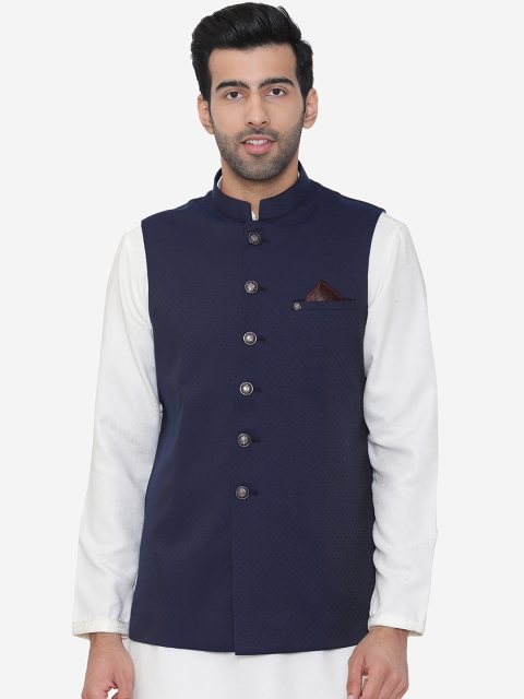 

Manyavar Men Navy Blue Woven Design Nehru Jacket