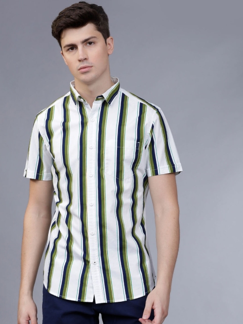 

HIGHLANDER Men White & Olive Green Slim Fit Striped Casual Shirt