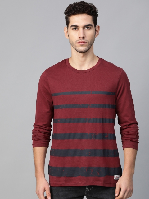 

Roadster Men Maroon & Navy Striped Round Neck T-shirt