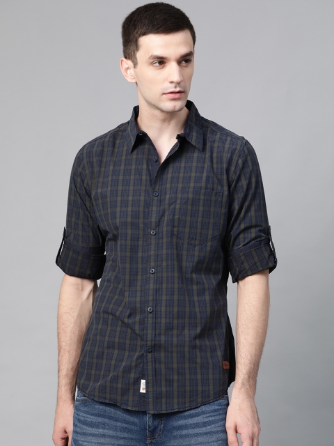 

Roadster Men Navy Blue & Olive Green Regular Fit Checked Sustainable Casual Shirt
