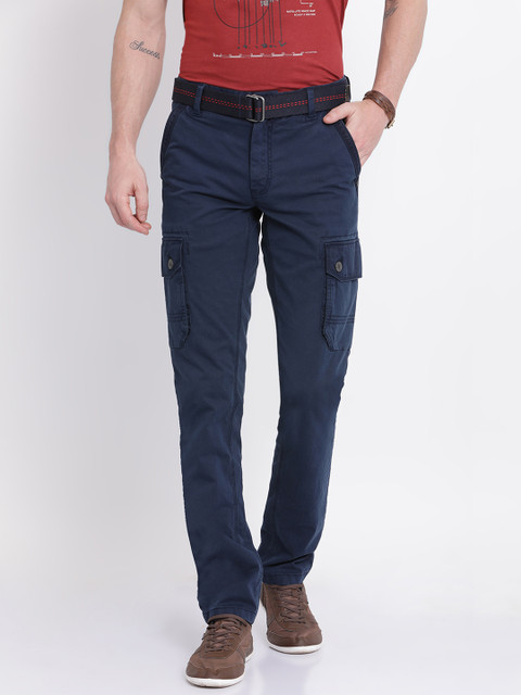 

t-base Men Navy Blue Tapered Fit Solid Cargos