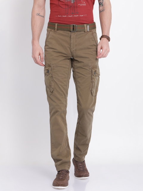

t-base Men Olive Brown Tapered Fit Solid Cargos
