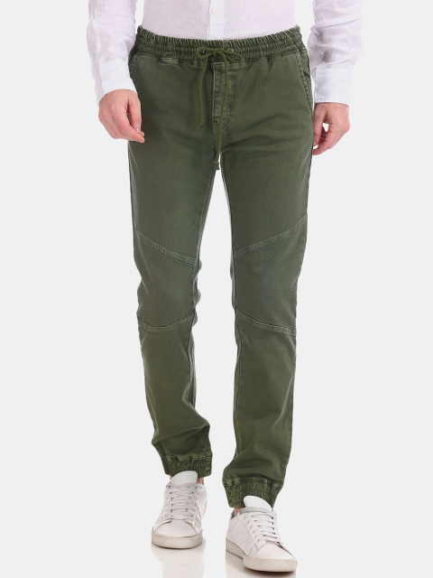 

Colt Men Olive Green Solid Panelled Twill Joggers