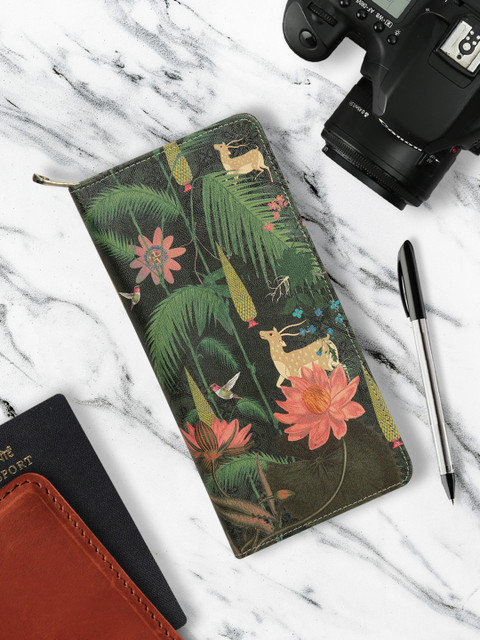 

India Circus by Krsnaa Mehta Women Green & Peach Tropical Print Two Fold Wallet