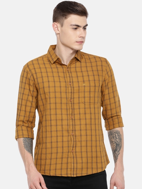

Chennis Men Mustard Yellow & Navy Blue Slim Fit Checked Casual Shirt
